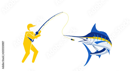 Photos Fisherman catches marlin fish on fishing rod, vector illustration, sport fishing