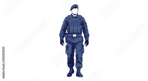 Foto Soldier Silhouette in Military Uniform with Bulletproof Vest and Beret