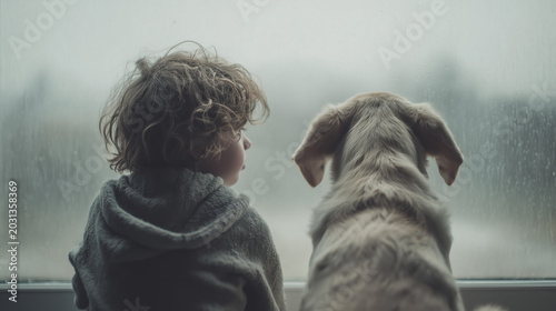 Child and dog looking through rainy window in moody light