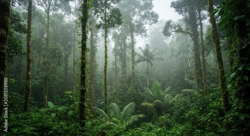 Lush, dense forest with tall trees shrouded in mist and vibrant greens