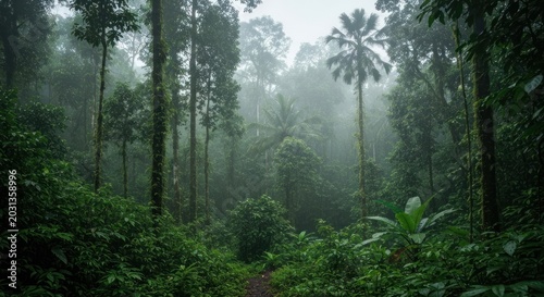 Dense, misty jungle scene with lush green vegetation and tall trees