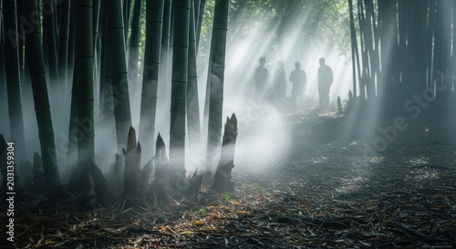 Mysterious figures in a sunlit bamboo forest shrouded in mist