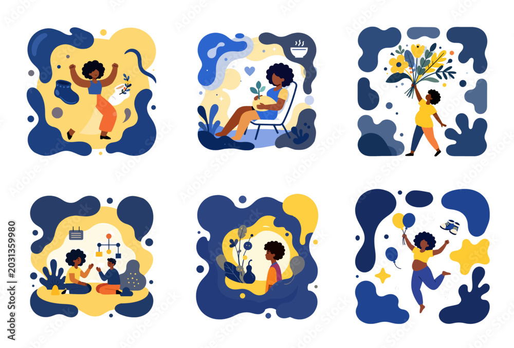 Obraz premium Stylish flat vector illustration of gestating woman with afro, celebrating motherhood Includes amoeba, baby booties, flowers, and toys