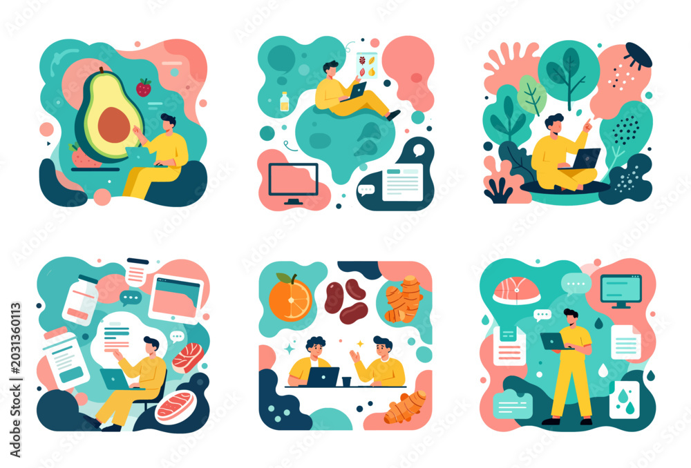 Fototapeta premium Stylish wellbeing vector icons Healthy eating and diet tips featuring avocado and organic nutrition lifestyle design