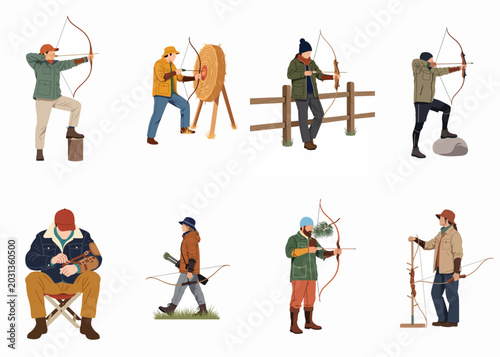 Tableau sur toile Diverse collection of flat illustrations featuring people practicing archery, aiming bows, shooting targets, and managing equipment in various outdoor settings