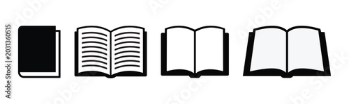 Minimalist Black and White Book Icons Set Featuring Open Pages and Closed Covers for Vector Graphic Design, book, open book, closed book, book picture