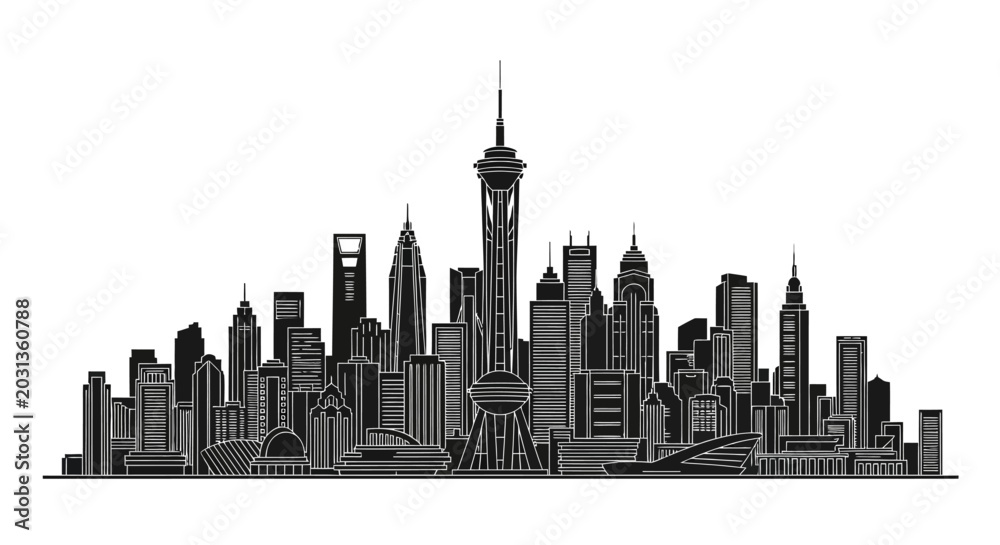 Obraz premium Shanghai City Skyline Silhouette Isolated on White Background