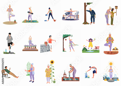 Foto Set of flat illustrations showing people of various ages, especially seniors, practicing yoga, gardening, and enjoying outdoor activities for health and mental wellness