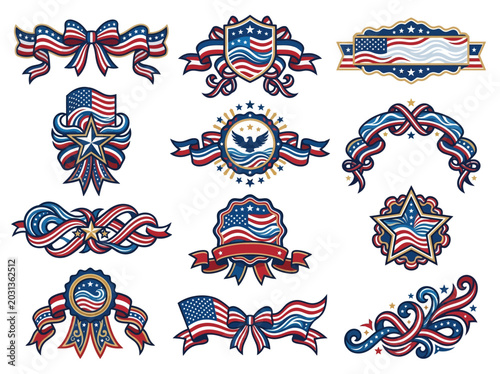Obraz na plátně American flag ribbons and emblems patriotic vector decorations for design projec