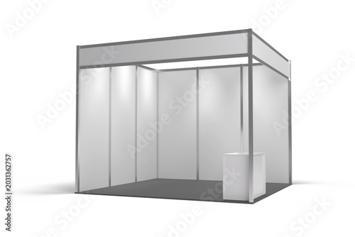 White blank indoor trade exhibition booth with counter for presentation in perspective isolated on background 3d rendering