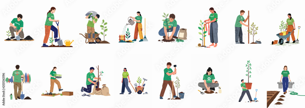 Εκτύπωση καμβά Diverse group of charity volunteers engaged in various environmental activities like planting trees, gardening, and landscaping for a greener future