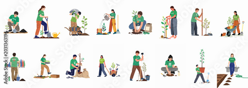 Obraz na plátně Diverse group of charity volunteers engaged in various environmental activities like planting trees, gardening, and landscaping for a greener future