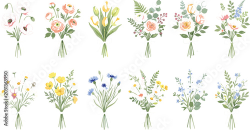 Foto Watercolor Style Spring Wildflower Bouquets Collection Featuring Anemones Tulips