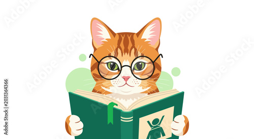 Photos Cat wearing glasses reading book.