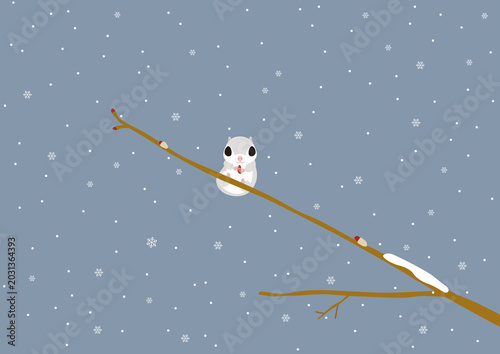 Tableau sur toile 曇り空に雪が降る中枝に止まっているエゾモモンガのイラスト