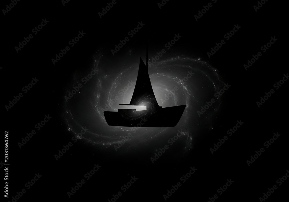 Fototapeta premium Silhouette of a sailboat in stormy waters artistic black and white image