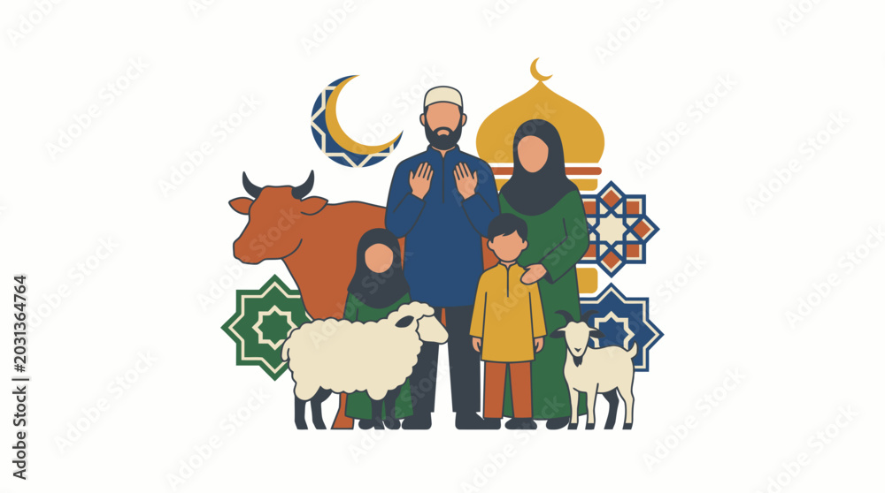 Naklejka premium Muslim family with cow and sheep celebrating Eid al-Adha festival in front of mosque.