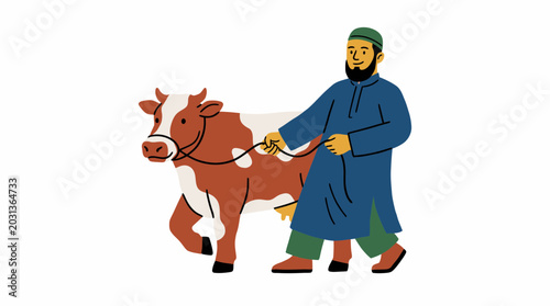 Islamic man in blue traditional clothing leading a sacrificial cow for Eid al-Adha.