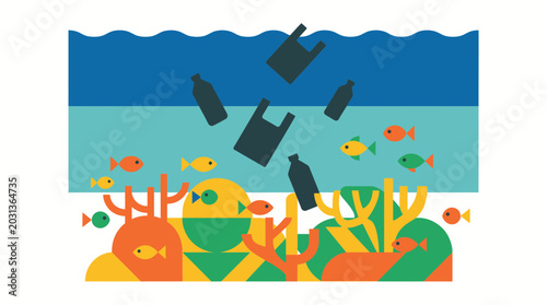 Illustration of plastic trash and bottles sinking into a coral reef environment.
