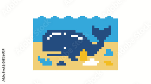 Large blue whale swimming in a pixelated ocean with sandy sea floor.