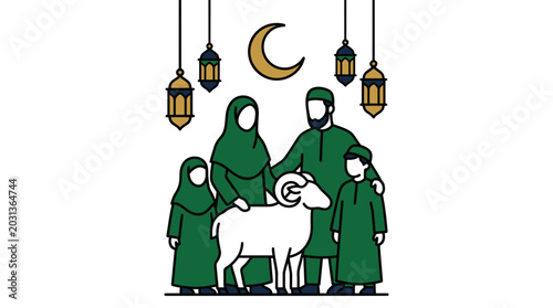 Minimalist Muslim family with a white sheep and hanging traditional lanterns in line art style.