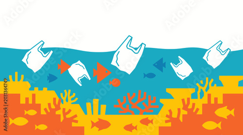 Multiple plastic bags floating over a vibrant coral reef illustrating ocean pollution.