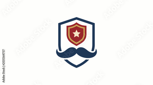 Minimalist shield logo icon with a star and mustache on white background.