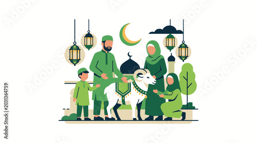 Muslim family in green outfits with white sheep and lanterns for Eid al-Adha celebration.