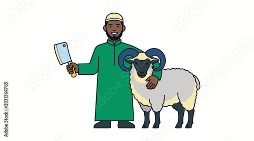 Muslim man in green robe with a meat cleaver standing next to a ram.