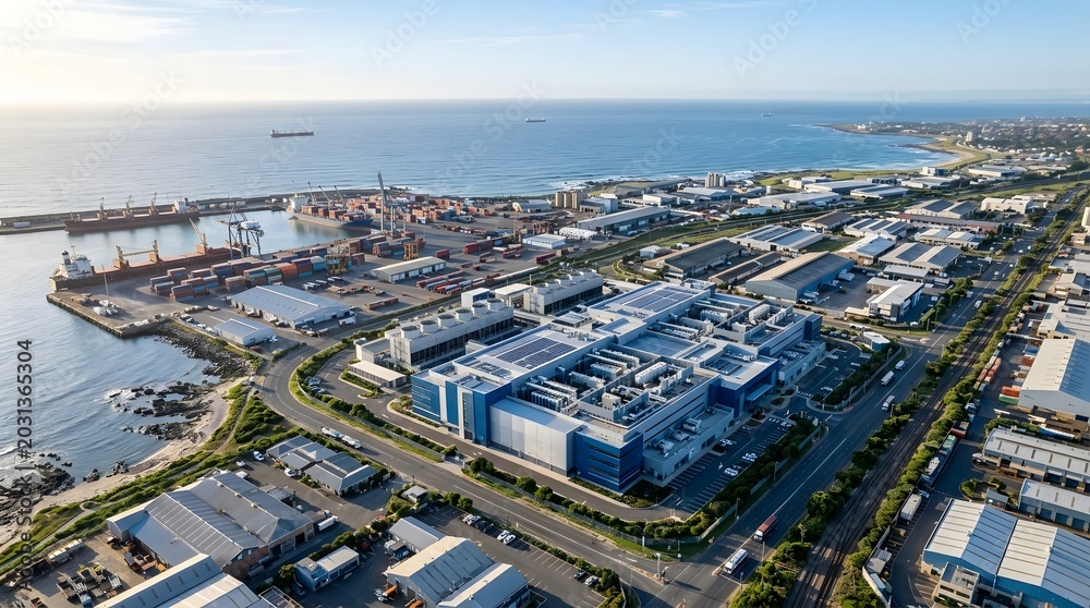 Obraz premium Aerial View of Coastal Industrial Port and Modern Facilities