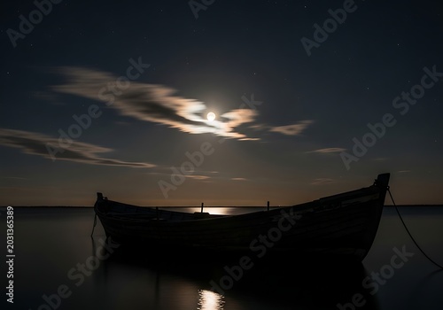 Silhouette of boat on calm water at sunset with cloudy sky