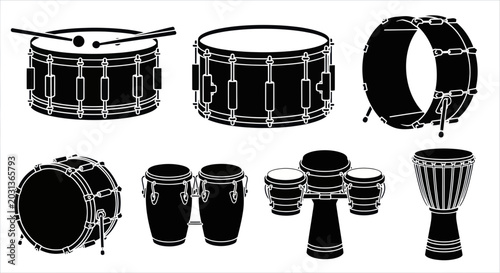 Slika na platnu Drum Set Silhouette Collection: Snare, Tom, Conga, Djembe & Bass Drum