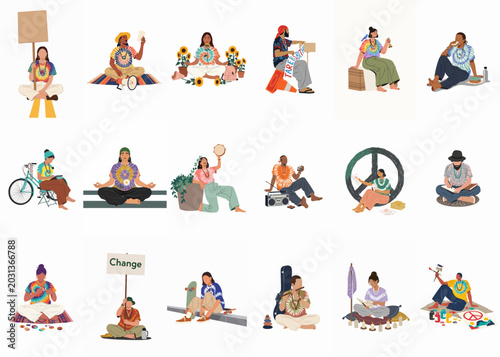 Foto Flat Vector Illustration Set of Diverse People Engaged in Hippie and Counterculture Activities, Wearing Tie-Dye and Promoting Peace and Change