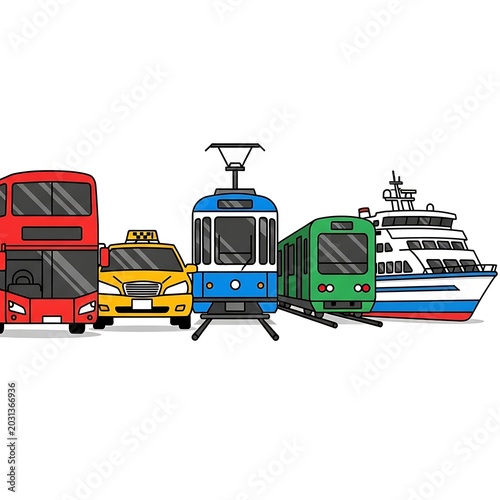 Transportation vehicles illustration bus taxi train tram and ferry on white