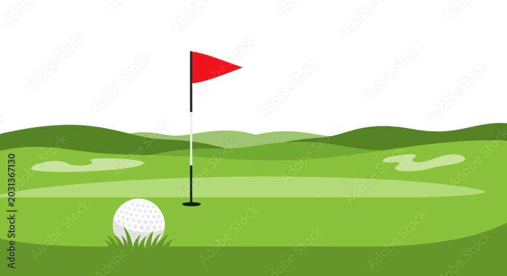 Obraz premium Golf ball and flag on green course, sport recreation concept