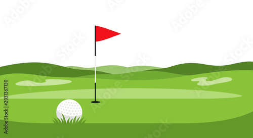 Fotografía Golf ball and flag on green course, sport recreation concept
