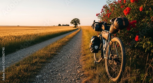 Touring bicycle parked on a rural gravel road beside a wheat field at sunset