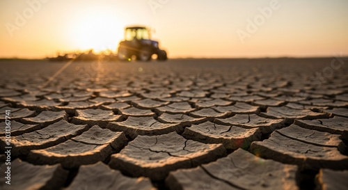 Tractor working on dry cracked earth field at sunset in rural landscape