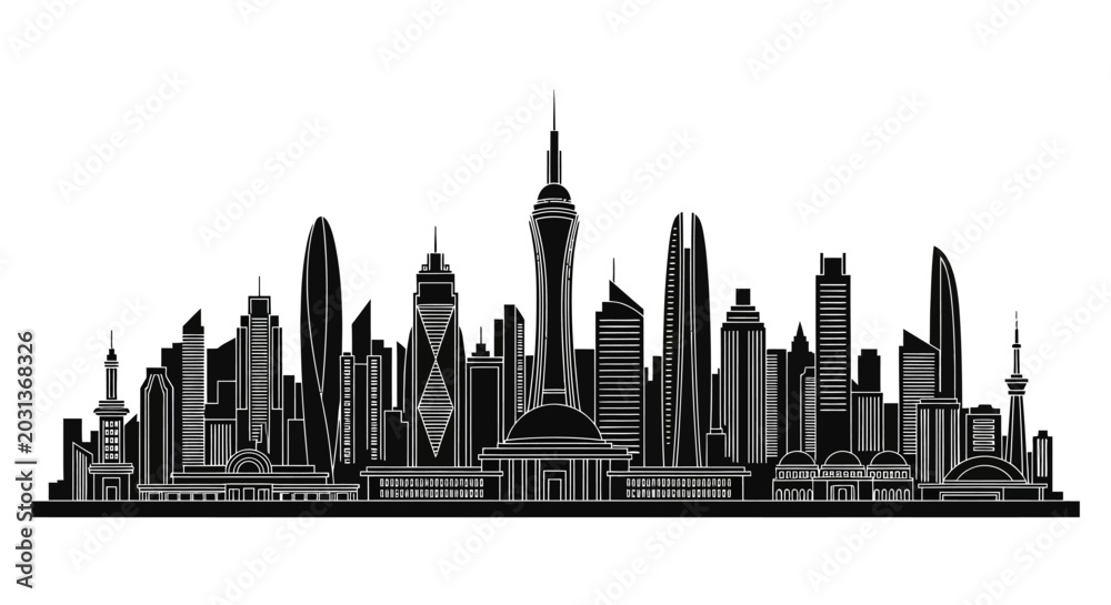 Fototapeta premium Macau City Skyline Silhouette, Vector Illustration