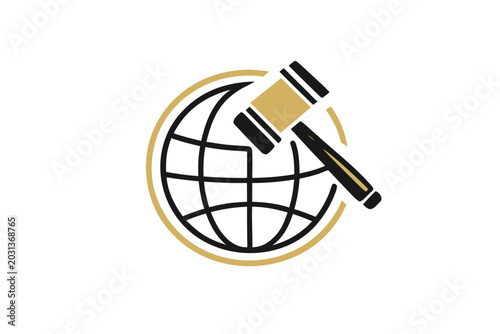 Global law vector icon with globe and judge gavel in golden glow, symbolizing international justice, legal authority, world court and global regulations.