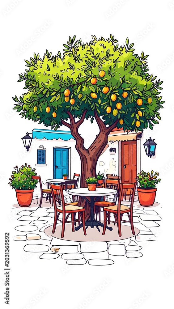 Obraz premium Outdoor dining under fruit tree.