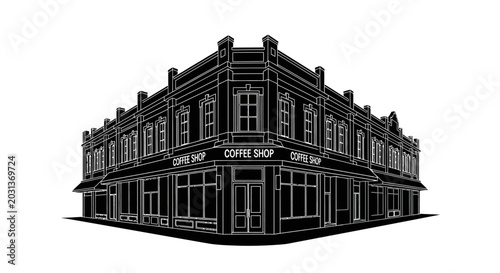 Minimalist black and white coffee shop building illustration