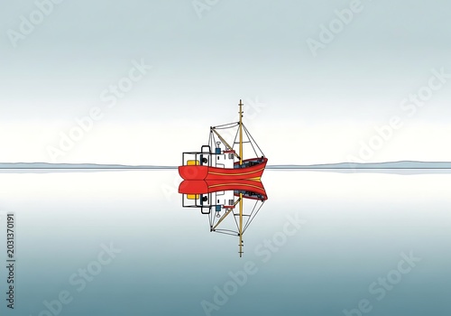 Vibrant red fishing boat floating on calm waters with reflection