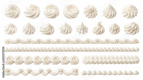 Whipped cream swirls and frosting borders set, white buttercream piping elements for cake decoration, sweet dairy foam dollops on white background