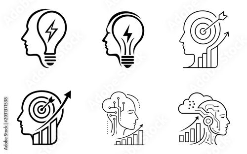 Minimal Human Mind Technology Icons Set Brain, Idea, Innovation, AI & Digital Growth Vector Symbols