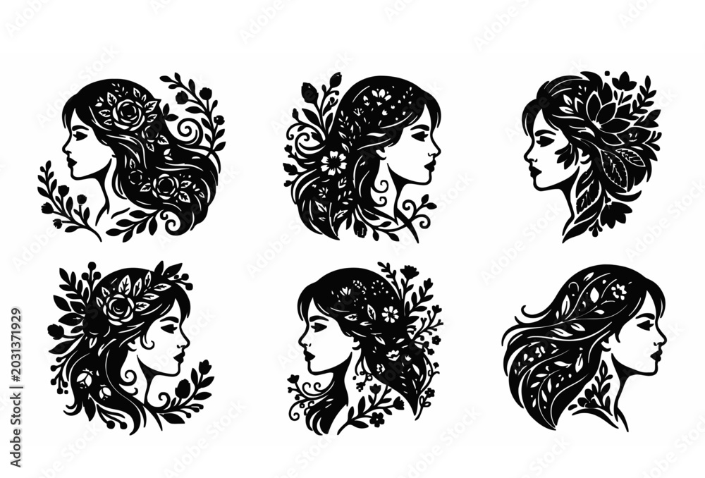 Obraz premium Black and white female profile vector set with abstract floral decorations and elegant face silhouettes