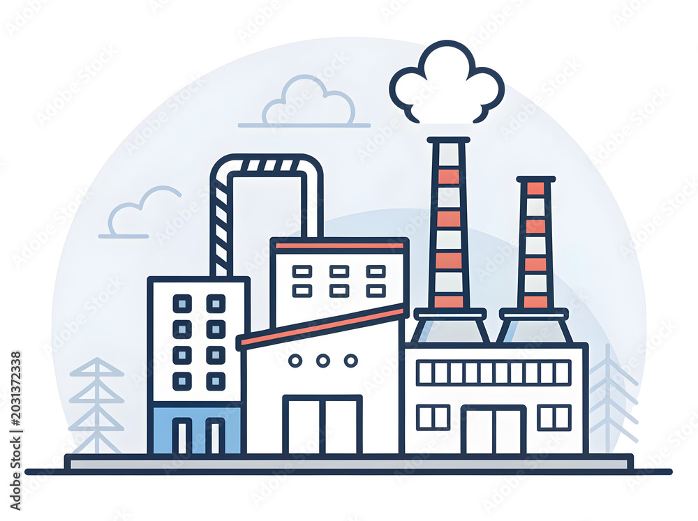 Obraz premium Modern industrial factory building with smokestacks and pollution during daytime in a minimalist flat style