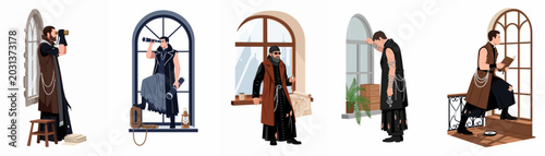 Foto Set of diverse men in steampunk and post-apocalyptic outfits standing by various windows in a flat vector illustration style