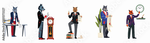 Obraz na płótnie Surreal illustrations of anthropomorphic wolves in suits with bloodstains, depicting predatory business practices, ruthless corporate culture, and aggressive contract negotiations