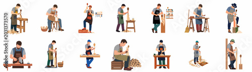 Konstfotografi Collection of male woodworkers and artisans carving wooden spoons and working with wood in various poses and workshops, flat vector illustration set